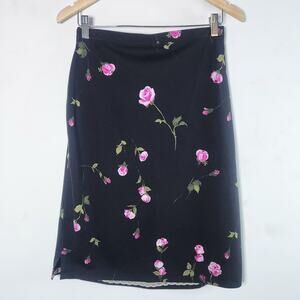 Vintage Notations Black Floral Elastic Waist Midi Skirt Size Medium Y2K 90s